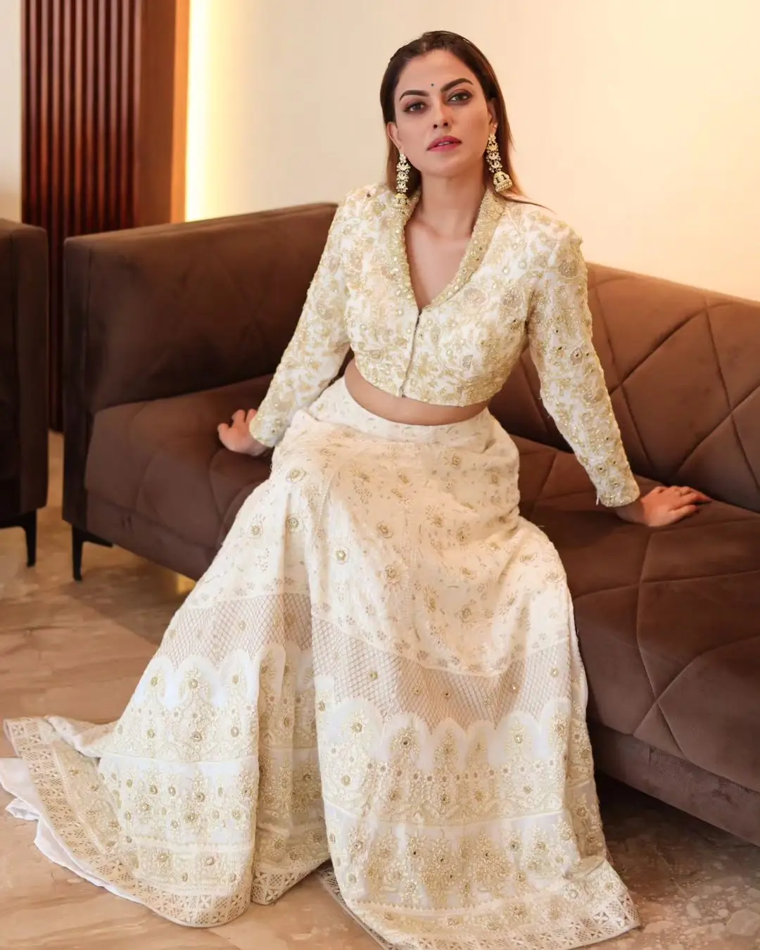 Anusree Nair Wearing Beautiful Earrings Jewellery White Lehenga Choli